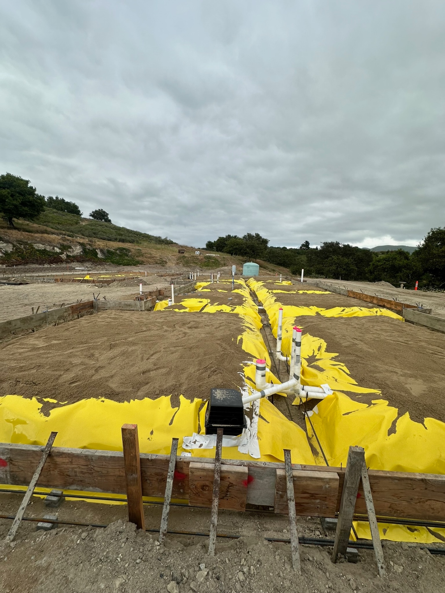 Underground plumbing rough-in on a commercial construction site with yellow vapor barrier and PVC pipe stubs